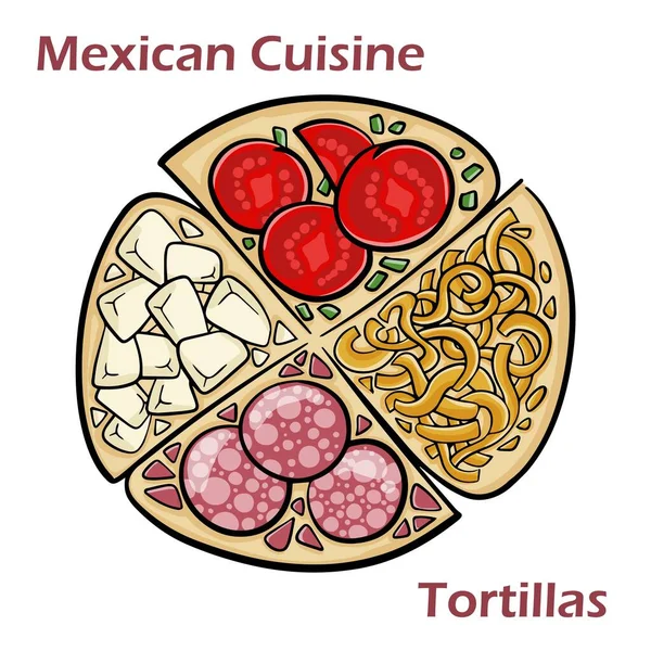 Mexican Cuisine Tortillas Chili Con Carne Tomato Salsa — Stock Vector