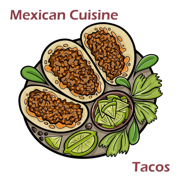 Meksykańskie Tacos Wołowiną Pomidorami Awokado Chili Cebulą Białym Tle — Wektor stockowy