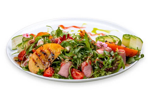 Fresh Salad Ham Arugula Grilled Persimmon — Stock Photo, Image