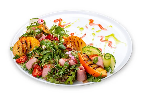 Fresh Salad Ham Arugula Grilled Persimmon — Fotografia de Stock