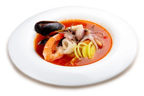 Traditional Marseille Bouillabaisse Fish Soup Prawns Mussels Tomato Lobster Squid — стокове фото