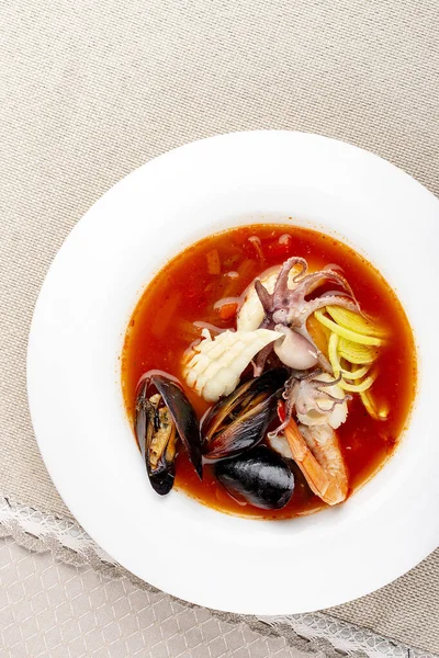 Traditional Marseille Bouillabaisse Fish Soup Prawns Mussels Tomato Lobster Squid — стокове фото