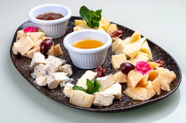 A plate with a variety of cheeses.