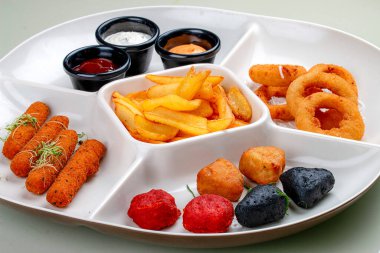 Set of fried beer snacks. Isolated on white background