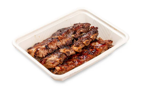 Grilled Pork Ribs Plastic Container Food Light Background — Stock Photo, Image