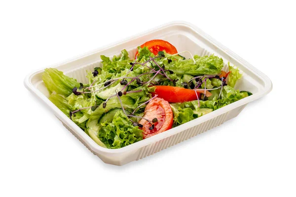 Saláta Friss Zöldségekkel Mikrozöldséggel Egy Műanyag Tartályban Kaját Elvitelre Fényes — Stock Fotó