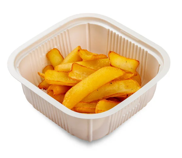Sült Krumpli Egy Műanyag Tartályban Kaját Elvitelre Fényes Háttérrel — Stock Fotó