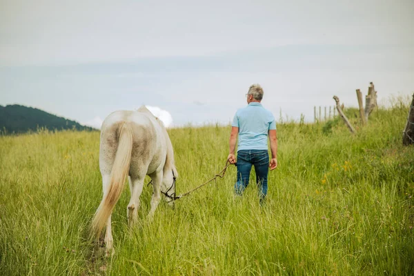 Pria Dengan Kuda Putih — Stok Foto