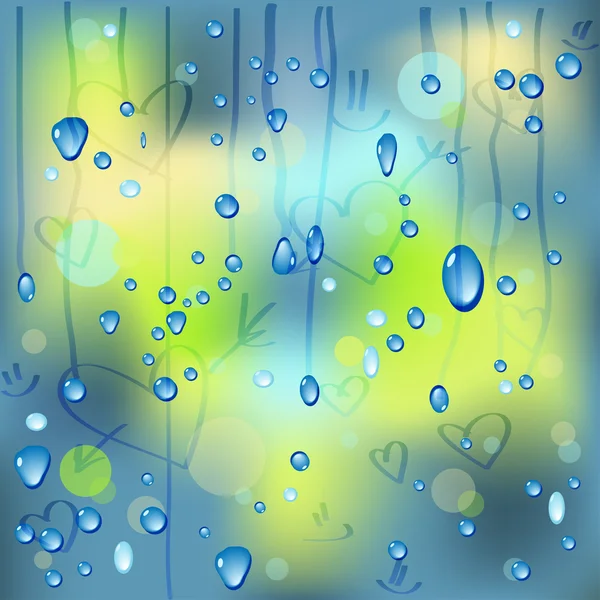 Gotas de lluvia en la ventana con corazones — Vector de stock