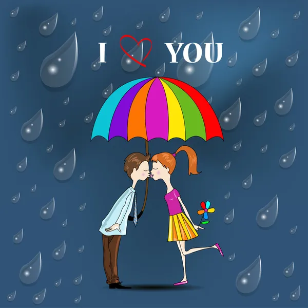 Αγόρι και ένα κορίτσι κάτω από την ομπρέλα. — Διανυσματικό Αρχείο