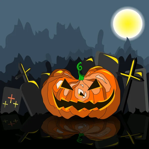 Fondo oscuro grungy halloween con naranja calabaza miedo, luna llena. Ilustración vectorial . — Archivo Imágenes Vectoriales