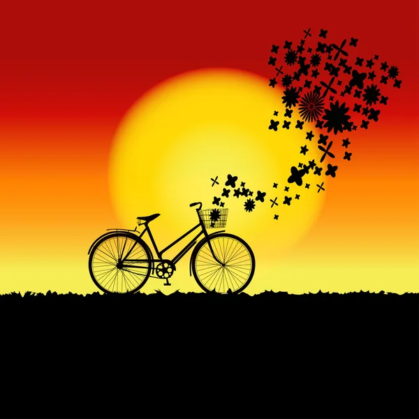Paysage naturel coucher de soleil avec silhouette vélo . — Image vectorielle