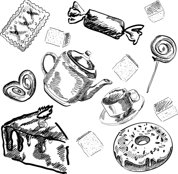 Conjunto de dulces, cupcakes y té — Archivo Imágenes Vectoriales