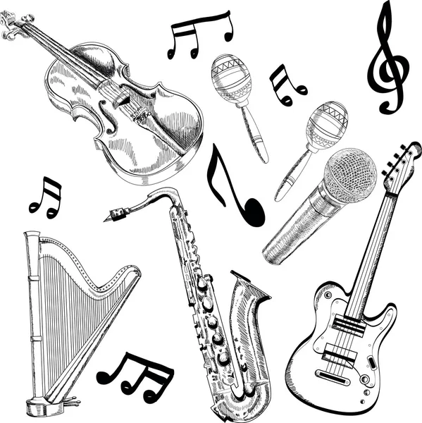 Conjunto de instrumentos musicales - mano dibujada en vector — Vector de stock