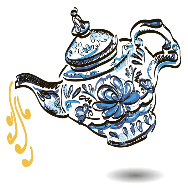 Teapot with floral gzhel design elements. — Stock Vector