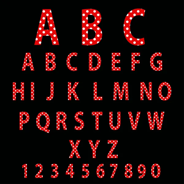 Red alphabet design in white polka dots. — Stock Vector