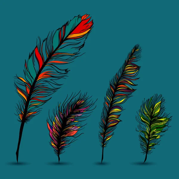 Ensemble de plumes multicolores. Avec fond bleu — Image vectorielle