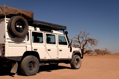 Güneşli bir günde Namib Çölü 'nün kırmızı kumlarında beyaz bir araba duruyor. Sossusvlei, Namibya