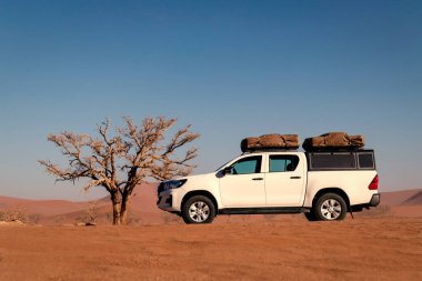 Toyota Hilux çölün ortasında duruyor. Namibya. Afrika 