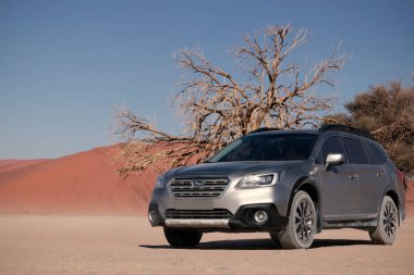 Gri Subaru, Namib çölünün kumlarında, parlak bir gökyüzünde.