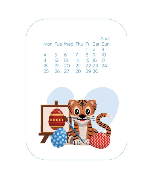 Plantilla de diseño de calendario para 2022 año de año nuevo chino Tigre azul. april Vector stock ilustración plana. Meses de dibujos animados para el calendario — Vector de stock