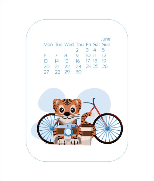 Πρότυπο σχεδιασμού ημερολογίου για το 2022 έτος του μπλε Tiger κινεζικού νέου έτους. June Vector απόθεμα επίπεδη απεικόνιση. Κινούμενα σχέδια μήνες για το ημερολόγιο — Διανυσματικό Αρχείο