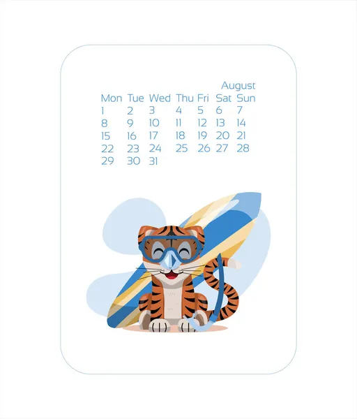 Modelo de design de calendário para 2022 ano de ano novo chinês Tigre azul. AugustVector estoque ilustração plana. Desenhos animados meses para calendário —  Vetores de Stock