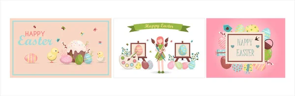 Un ensemble de bannières de Pâques vives et colorées avec des œufs. Illustration vectorielle avec un vœu de Pâques heureux. Bannière à vendre. Modèle pour une carte postale, une invitation, une annonce ou une bannière. Vacances chrétiennes. — Image vectorielle