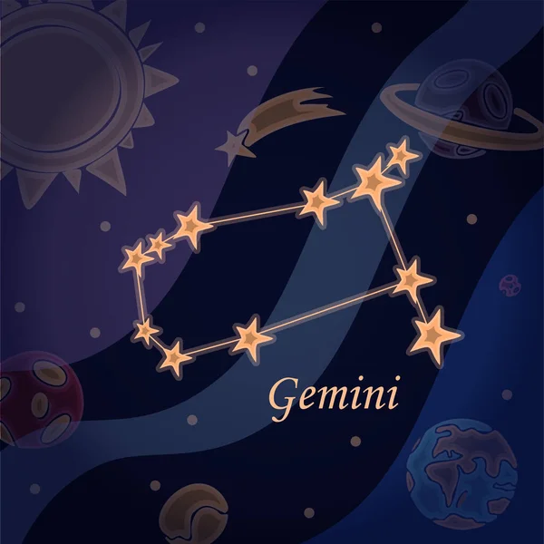 Gekritzelte Konstellation des Geminisymbols der Tierkreiszeichen Vektorillustration der Astrologie und Astronomie. Horoskope heller Sterne im Kosmos-Hintergrund — Stockvektor
