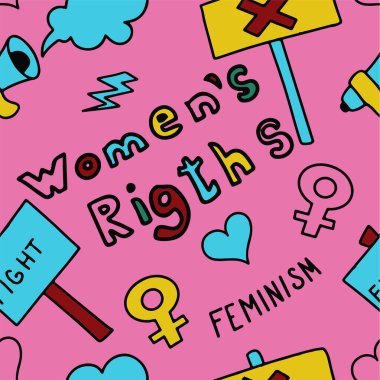 Kusursuz desenli karalama feminizm belirtileri, kadın hakları. Grunge el çizimi Feminizm 'in vektör simgeleri protesto sembolleri Oy hakkı için savaşmak için bir miting