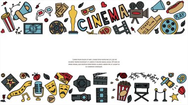 Sinema, TV şovları, seriler ve filmler Funny Doodle Vector seti. Elle çizilmiş renkli çizimler. Podcast, ödüller ve radyo için ayarlandı. Arkaplan