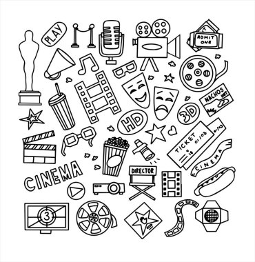 Sinema, TV şovları, seriler ve filmler Funny Doodle Vector seti. Elle çizilmiş renkli çizimler. Podcast, ödüller ve radyo için ayarlandı. Arkaplan