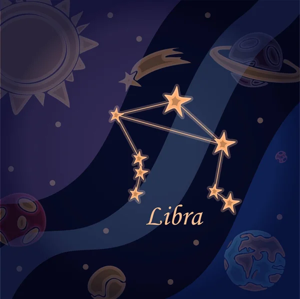 星座のリブラの落書き星座星座のシンボル占星術や天文学のベクトルイラスト。宇宙背景の明るい星をホロスコープ — ストックベクタ