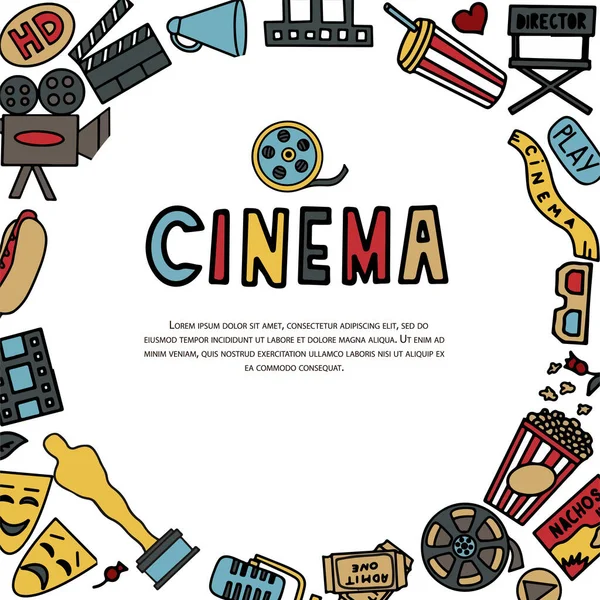 Cinema, TV Shows, Series and Movies Funny Doodle Vector set. Hand drawn colorful illustration. Set for podcast, awards and radio. Background