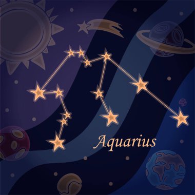 Akarsu Sembolü 'nün karalama takımyıldızı astroloji ve astronominin vektör çizimi. Kozmos arkaplanındaki parlak yıldızları fal baktırır