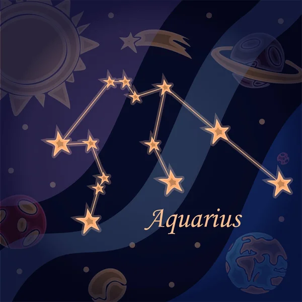 Doodle constellation of the aquarius Symbool of the zodiac signs Vector illustratie van astrologie en astronomie. Horoscopen heldere sterren in kosmos achtergrond — Stockvector