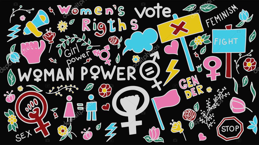 A set of doodle signs of feminism, women s rights. Grunge hand drawn vector icons of Feminism protest symbol isolated on transparency background. A rally to fight for voting rights.
