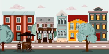 Kafesi, evleri ve kahve arabası olan Vector Caddesi. Yolu ve ağaçları olan bir şehrin karikatür çizimi. Arkaplan düz bir şekilde. Yazın Avrupa kenti