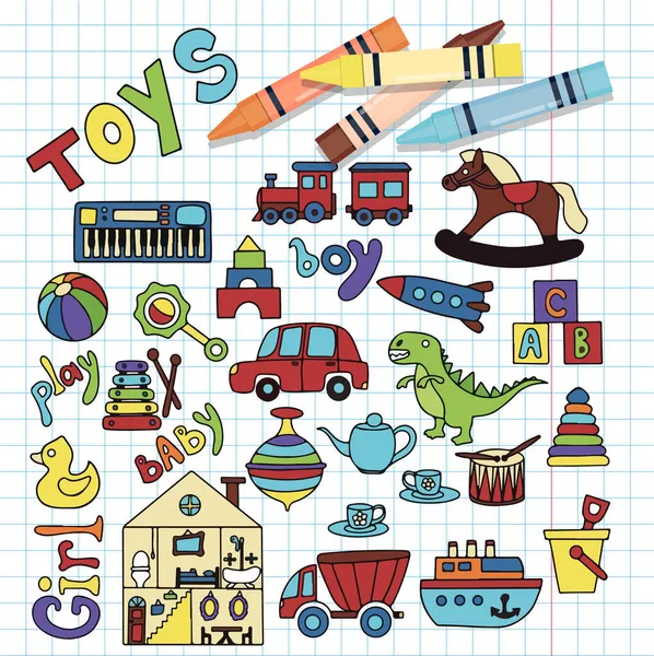 Vector brinquedos doodle adesivos set. Coleção de desenho manual de ícones de brinquedos para chuveiro de bebê ou scrapbook. Ilustração bonito para crianças —  Vetores de Stock