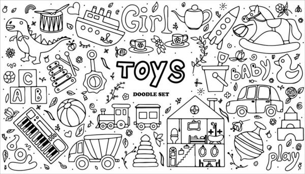 Vector brinquedos doodle adesivos set. Coleção de desenho manual de ícones de brinquedos para chuveiro de bebê ou scrapbook. Ilustração bonito para crianças —  Vetores de Stock