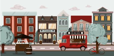 Vector City Caddesi 'nde et lokantası, hamburgerli yemek kamyonu ve bira arabası var. Çizgi film çizimi, yol ve park ile arka plan düz bir şekilde çizilmiş. Yazın Avrupa kenti