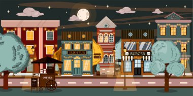 Restoranı, barı, evleri ve yemek arabası olan bir Vector Caddesi. Tatil, parti ve parkın karikatür çizimi. Arka plan düz stil. Yazın Avrupa kenti