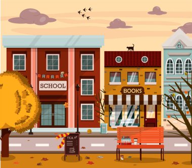 Vector Autumn Caddesi 'nde evler, kitapçılar, okullar. Şehrin Avrupa tarzında düz bir illüstrasyonu. Çizgi film, sonbahar şehri parkı, bankları ve kahvesi var.