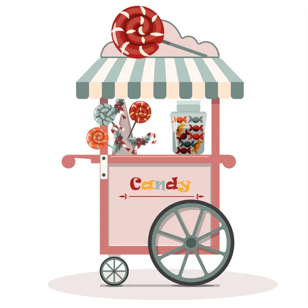 Słodki wózek na słodycze. Płaska ilustracja ulicy fast food. Kreskówkowy punkt sprzedaży cukierków, lizaków, słodyczy, waty cukrowej. Sprawiedliwe i altanka towarów dla dzieci — Wektor stockowy