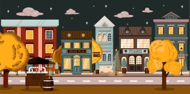 Restoranı, barı, evleri ve yemek arabası olan bir Vector Caddesi. Çizgi film çizimi, yol ve park ile arka plan düz bir şekilde çizilmiş. Sonbaharda Avrupa kenti