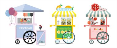Şekerleme seti, dondurma ve limonata arabaları. Sokak fast food 'unun düz bir temsili. Dondurma, limonata, dondurma ve milkshake satışı. Çocuklar için soğuk tatlılar. Ahşap