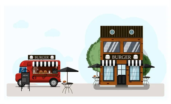 Векторная иллюстрация заведения для гамбургеров. Фасад ресторана быстрого питания со столами и доставкой. Мультфильм в европейском стиле. Плоская иконка — стоковый вектор