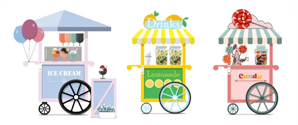 Set van vector snoep kar, ijs en limonade karren. Vector platte illustratie van een straat fast food. Verkooppunt van ijs, limonade, gelato en milkshakes. Koude desserts voor kinderen. van hout — Stockvector