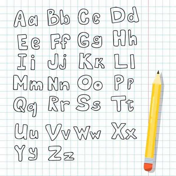 Χειρόγραφη γραμματοσειρά. Σκίτσο με το Αγγλικό αλφάβητο. Μεμονωμένα μεγάλα και μικρά γράμματα. Ένα σημειωματάριο σε ένα κλουβί με μολύβι και χειρόγραφα γράμματα — Διανυσματικό Αρχείο