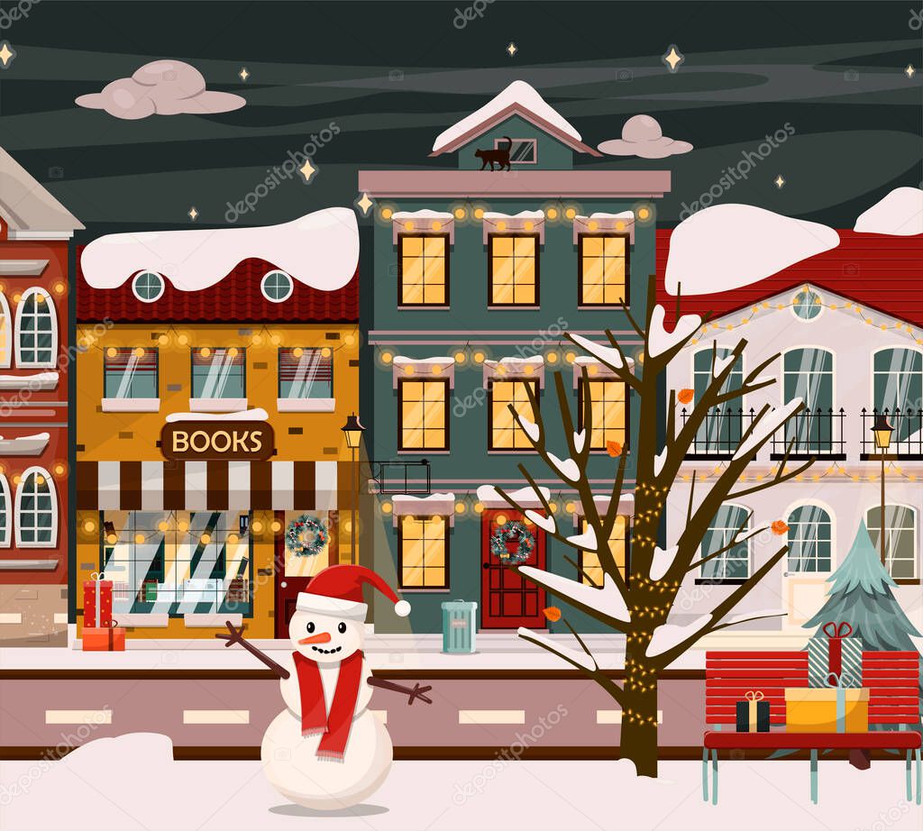 Vector winter street for Christmas. Cartoon illustration with a Christmas tree, houses, a snowman and festive decorations. European cities on Christmas Eve. New Year s Eve, background, postcard for
